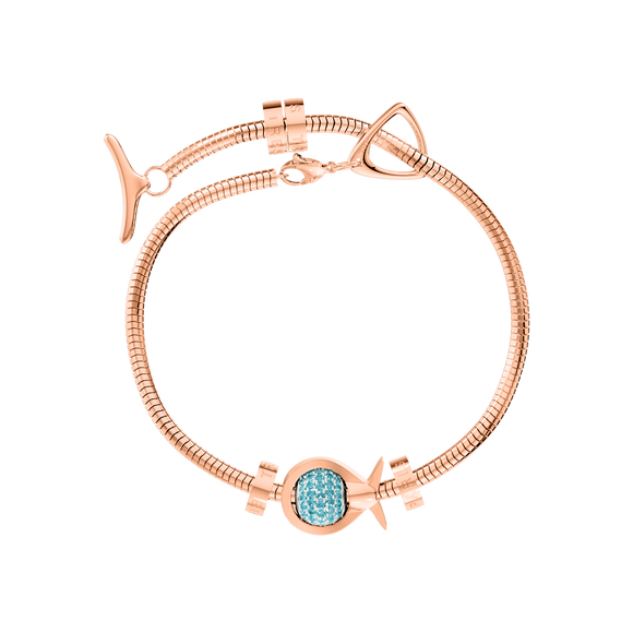 Phiiish Charm Bracelet in Premium 18K Gold Plated Stainless Steel with 8mm Aquamarine Colour Crystal Charm in Sterling Silver