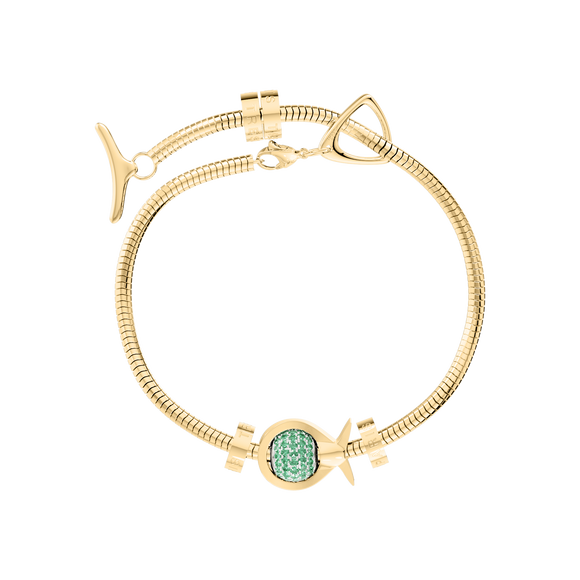 Phiiish Charm Bracelet in Premium 18K Gold Plated Stainless Steel with 8mm Emerald Colour Crystal Charm in Sterling Silver