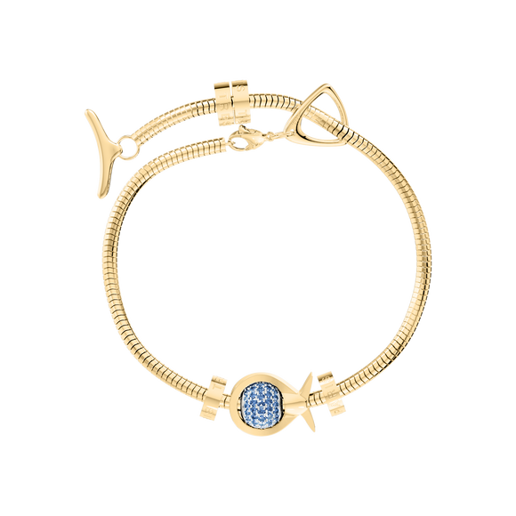 Phiiish Charm Bracelet in Premium 18K Gold Plated Stainless Steel with 8mm Blue Sapphire Colour Crystal Charm in Sterling Silver