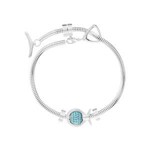Phiiish Charm Bracelet in Premium 18K Gold Plated Stainless Steel with 8mm Aquamarine Colour Crystal Charm in Sterling Silver
