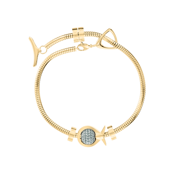 Phiiish Charm Bracelet in Premium 18K Gold Plated Stainless Steel with 8mm Alexandrite Colour Crystal Charm in Sterling Silver