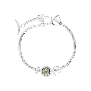 Phiiish Charm Bracelet in Premium 18K Gold Plated Stainless Steel with 8mm Peridot Colour Crystal Charm in Sterling Silver