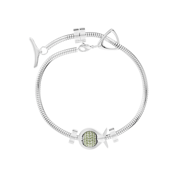 Phiiish Charm Bracelet in Premium 18K Gold Plated Stainless Steel with 8mm Peridot Colour Crystal Charm in Sterling Silver