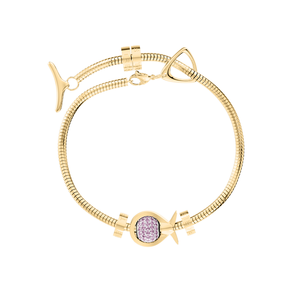 Phiiish Charm Bracelet in Premium 18K Gold Plated Stainless Steel with 8mm Pink Tourmaline Colour Crystal Charm in Sterling Silver