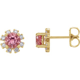 Genuine 4mm Round Pink Tourmaline & Diamond Earrings