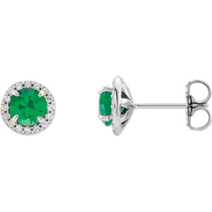 14K White 5mm Round Emerald & 1/6 CTW Diamond Earrings