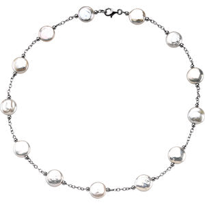 Sterling Silver 12-13mm Freshwater Cultured White Coin Pearl Station 18" Necklace