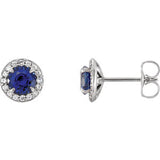 14K White 5mm Round Chatham® Created Sapphire & 1/6 CTW Diamond Earrings