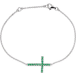 Sterling Silver Green Cubic Zirconia Sideways Cross 8" Bracelet