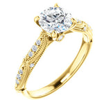 14K Yellow 6.5mm Round Forever One™ Moissanite & 1/10 CTW Diamond Engagement Ring