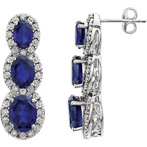 14K White Created Blue Sapphire & .07 CTW Diamond 3-Stone Earrings