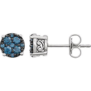 14K White 3/8 CTW Blue Diamond Cluster Earrings