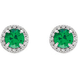 14K White 5mm Round Emerald & 1/6 CTW Diamond Earrings