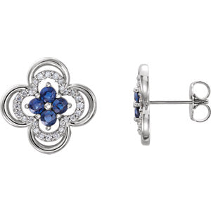 14K White Blue Sapphire & 1/5 CTW Diamond Clover Earrings